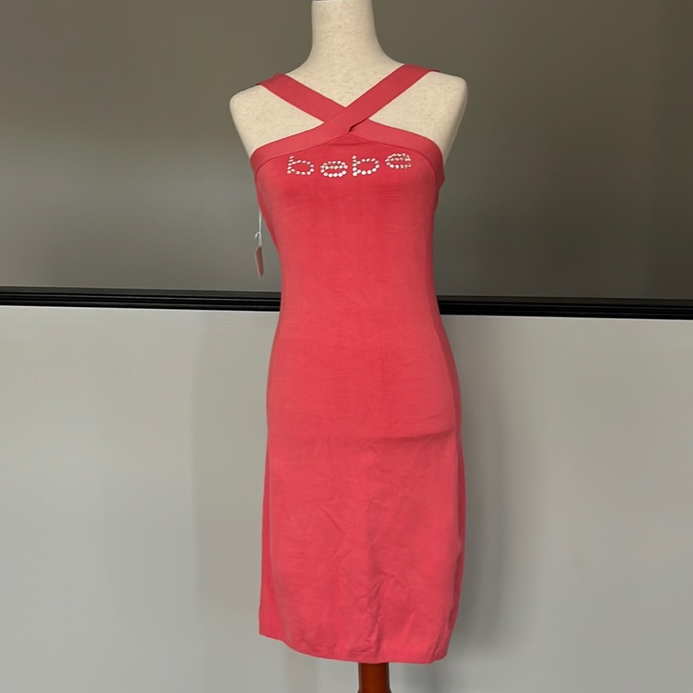 NWT Bebe X‎ Neck Rib Dress with Swarovski Crystals / SZ L